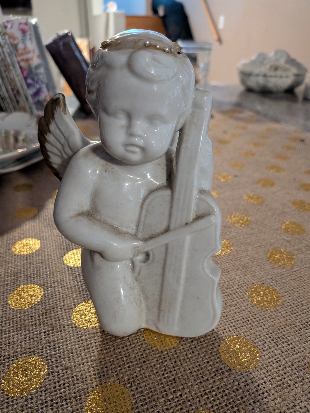 White Ceramic Cherub Playing Cello Figurine - Decorative Home Art